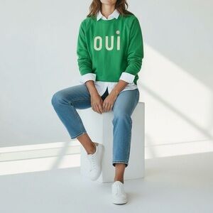 Clare V Anthropologie French Oui Crewneck Sweatshirt Kelly Green Medium